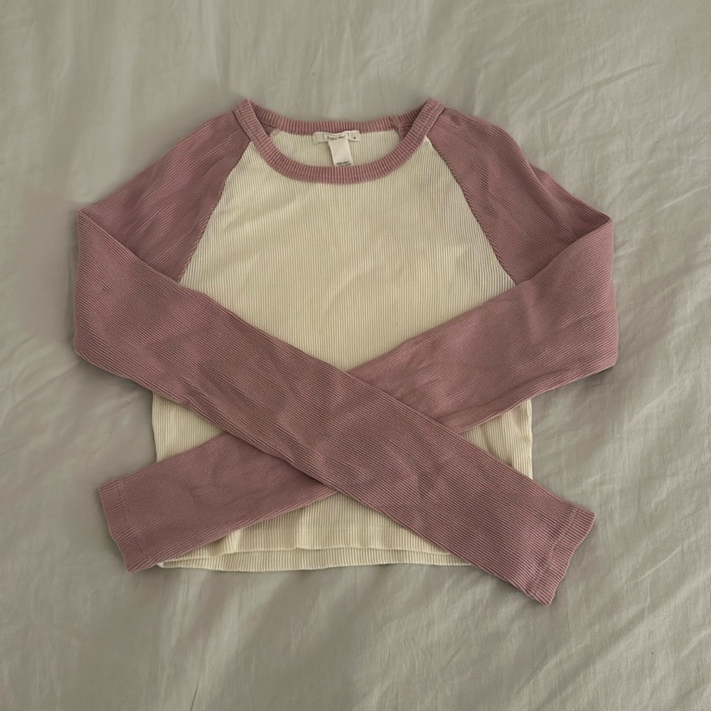 white and purple long sleeve cropped shirt. Size XL girl but fits like adult S